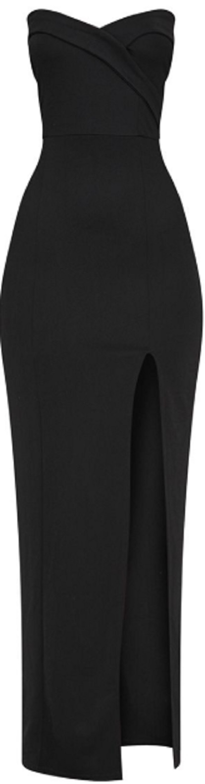 black bandeau folded detail extreme split maxi dress