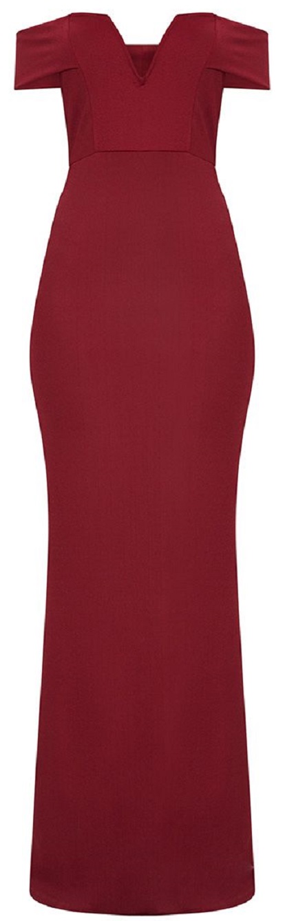 BURGUNDY BARDOT V PLUNGE MAXI DRESS