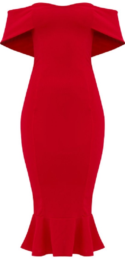 RED BARDOT FRILL HEM MIDI DRESS