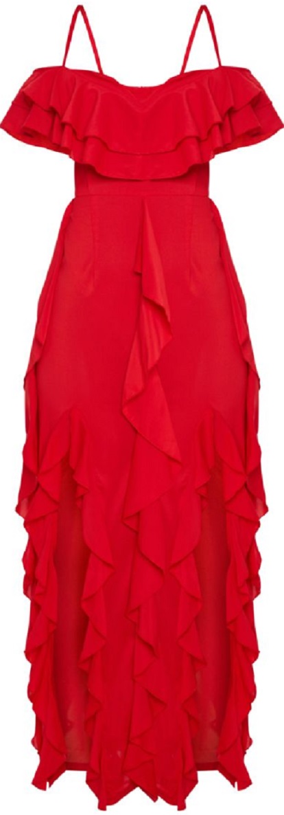 red cold shoulder ruffle detail maxi dress