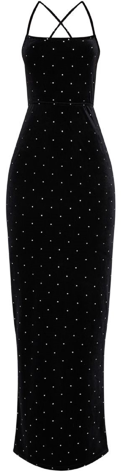 BLACK VELVET METALLIC POLKADOT SQUARE NECK MAXI DRESS